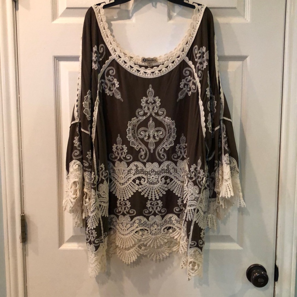 Democracy - Cold Shoulder - Crochet Trim Top - Size 1X - Dark Olive